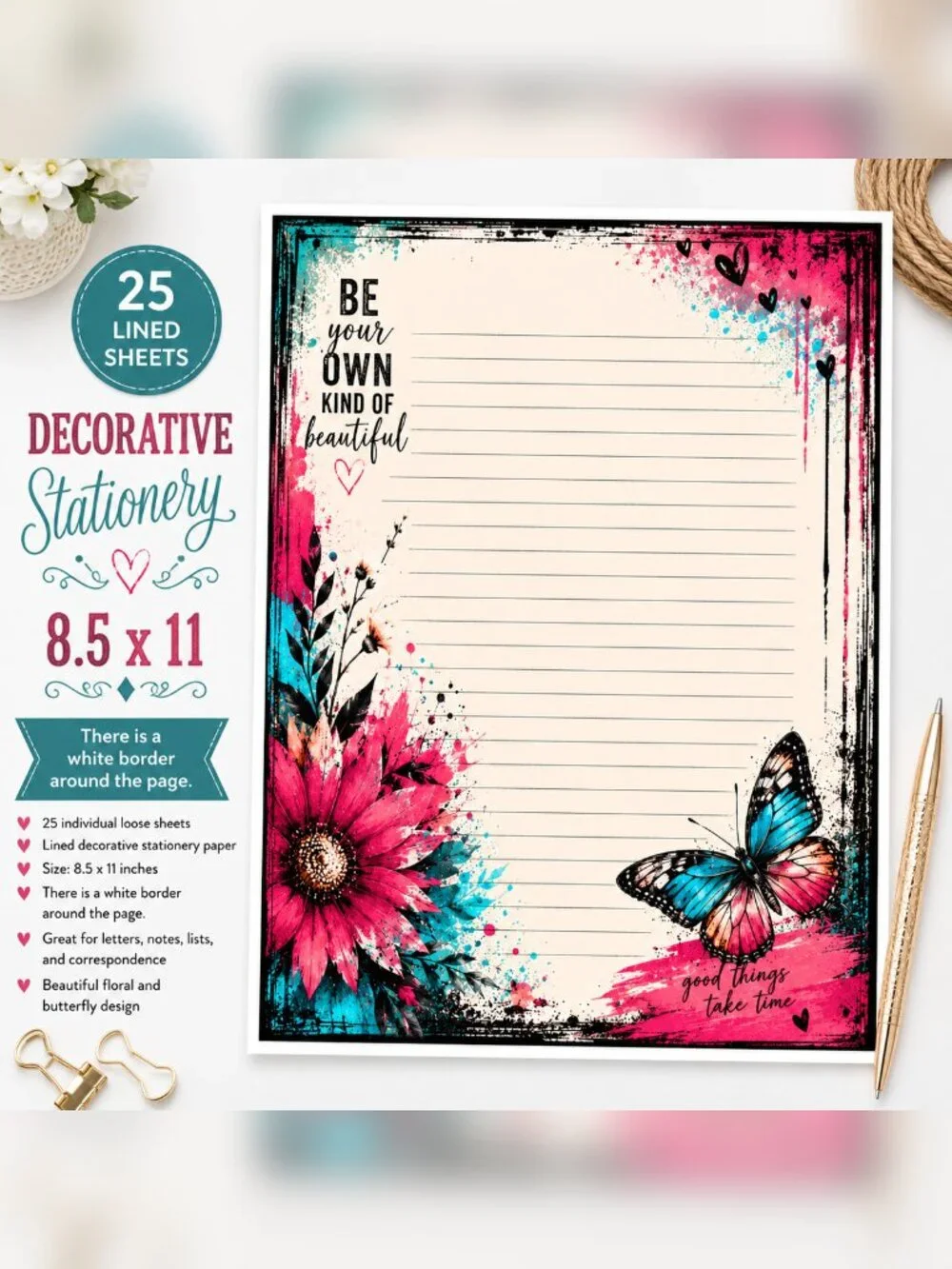 Be Your Own Kind of Beautiful Decorative Stationery 25 Lined Sheets 8.5x11
